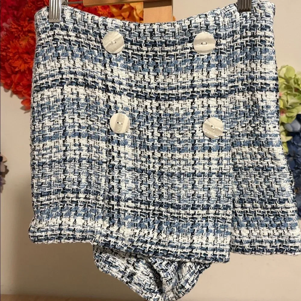 ZARA Textured Tweed Shorts Skort High Waist Blue White Buttons